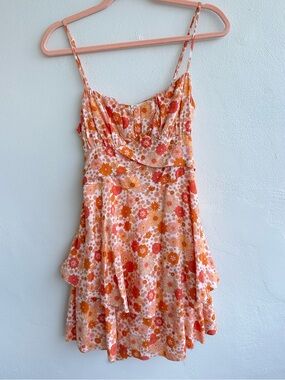 Mari Retro Floral Ruffle Mini Dress Spaghetti Strap Sweetheart Size Medium